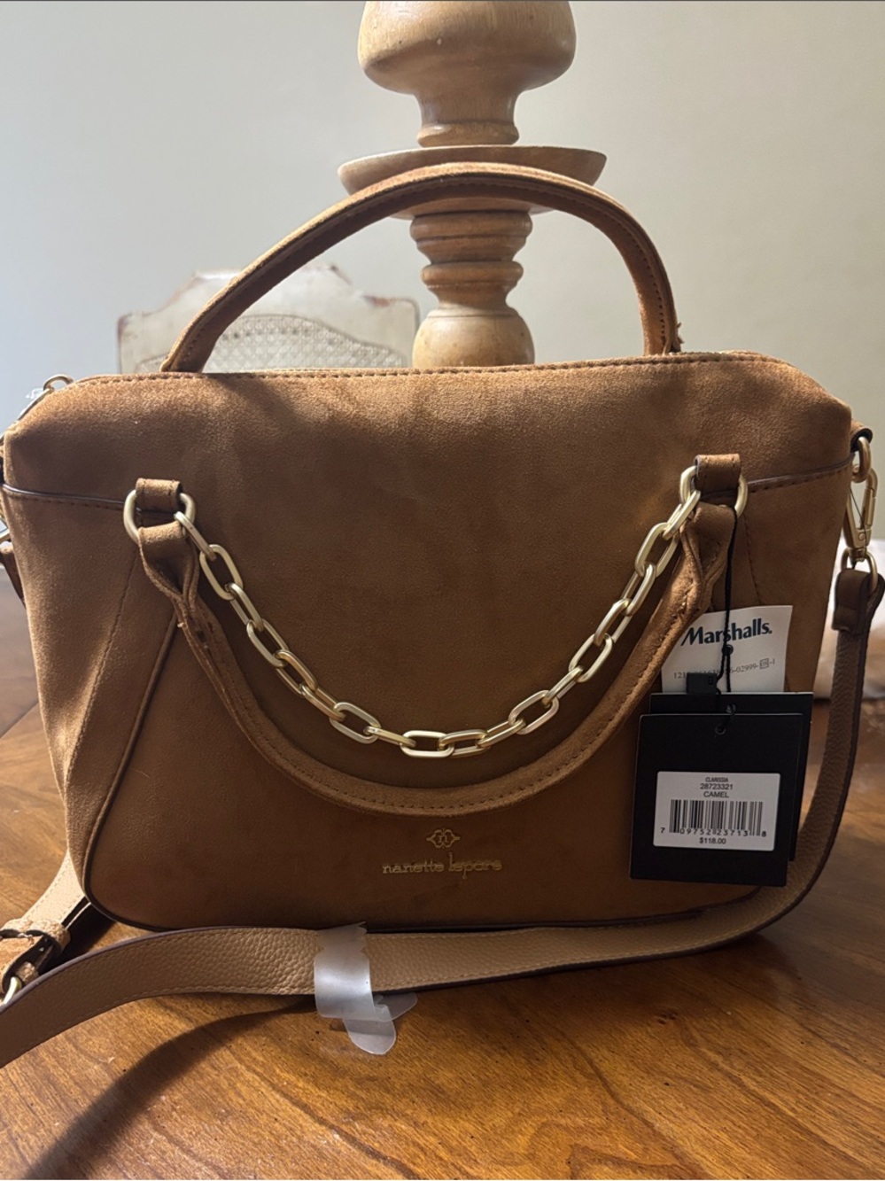 Nanette Lepore Camel Suede Satchel with Gold Chain